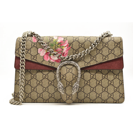 GUCCI GG Supreme Monogram Suede Small Dionysus Shoulder Bag Beige Ebony Taupe Blooms