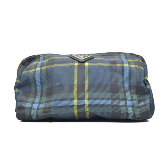 $650 PRADA Logo Plate Check Nylon Cosmetic Pouch Bag MultiColor
