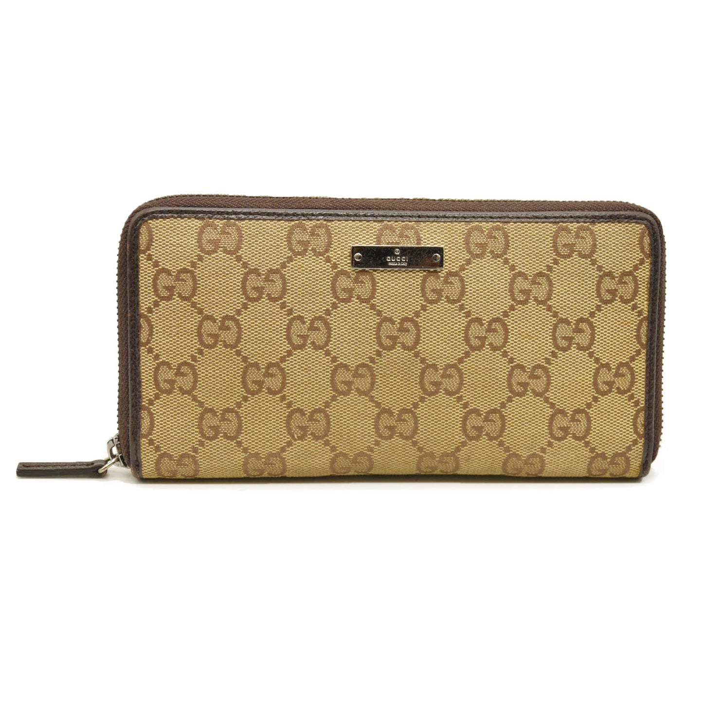 Gucci  Monogram Metal Bar Zip Around Wallet Dark Brown