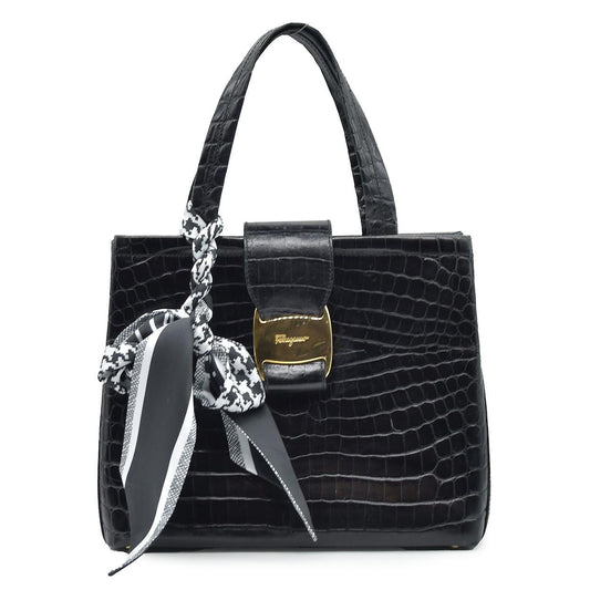 $1200 Salvatore Ferragamo Vara Embossed Leather Shoulder Bag in Black CONSIGNMENT