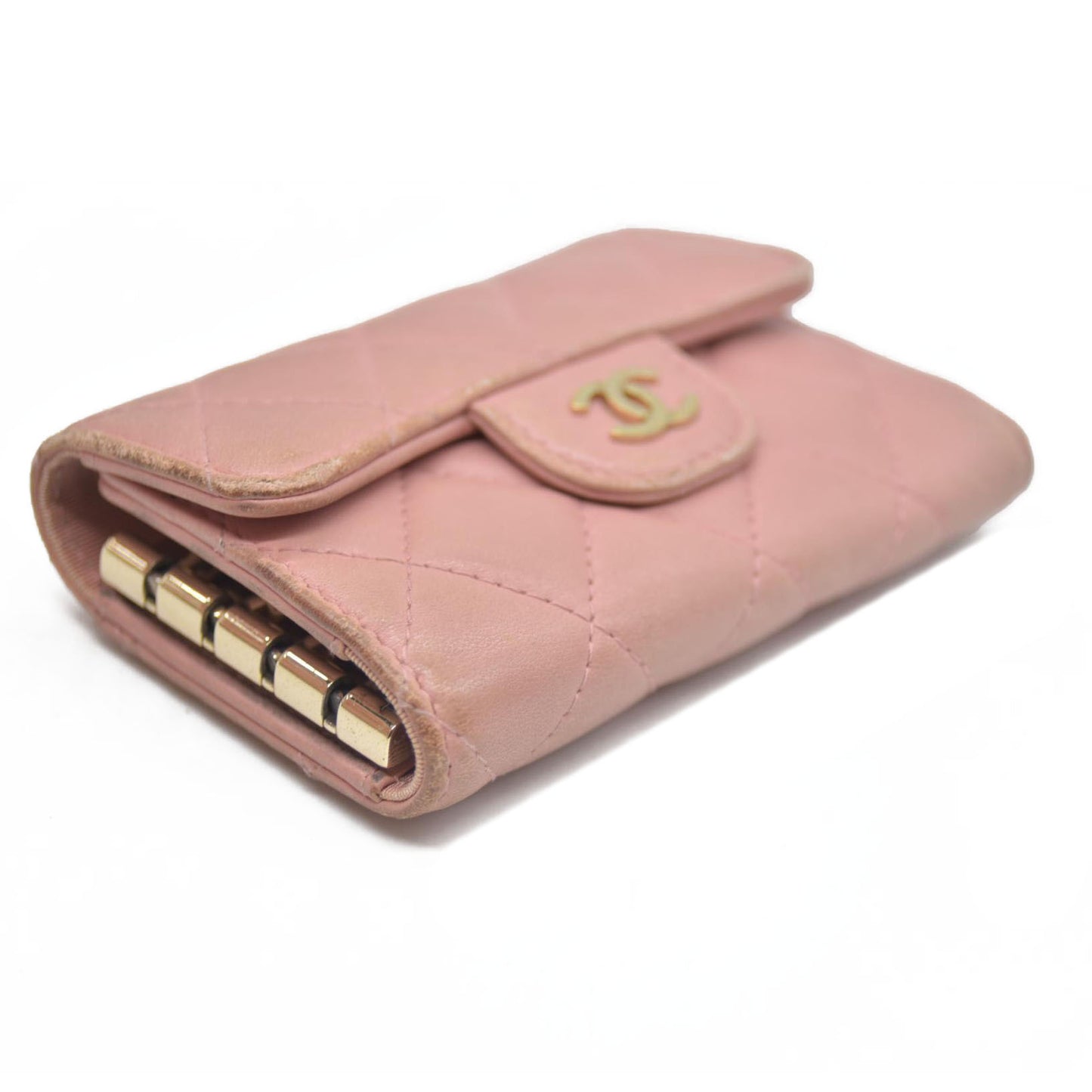 CHANEL $710 Quilted Matelasse CC Logo Lambskin 6 Ring Key Case Pink/7BH0171