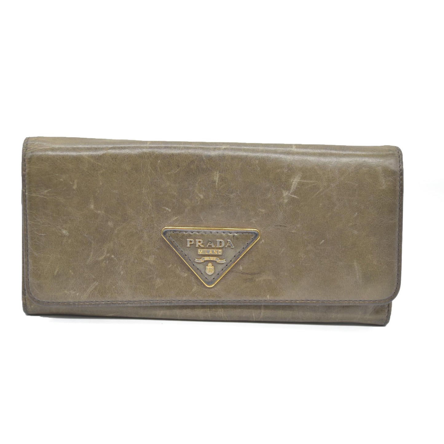 PRADA $625 Triangle Logo Leather Long Bifold Wallet Khaki/7BH0146