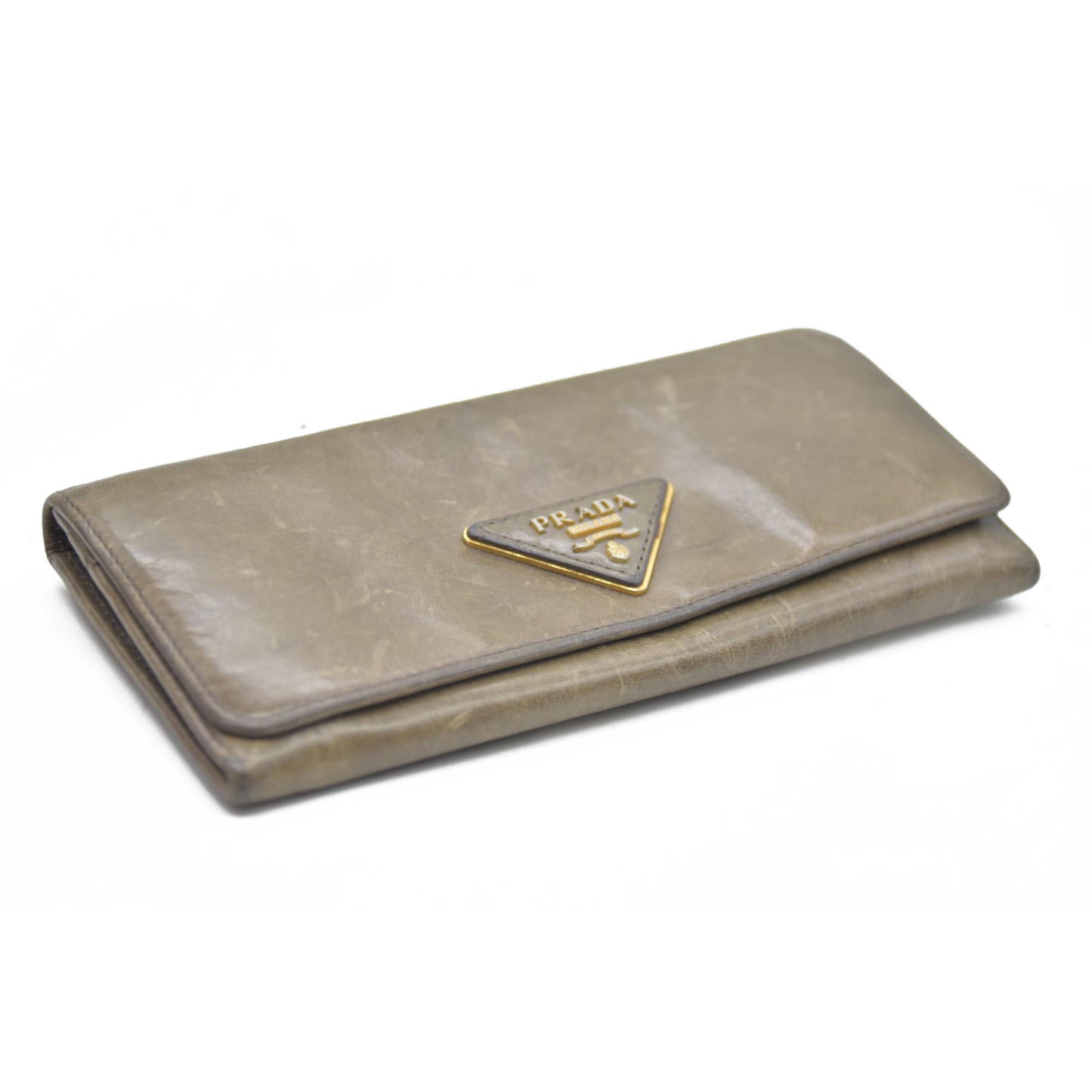 PRADA $625 Triangle Logo Leather Long Bifold Wallet Khaki/7BH0146