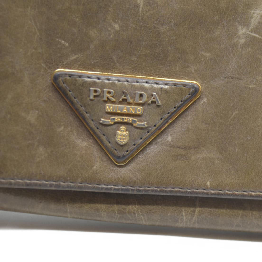 PRADA $625 Triangle Logo Leather Long Bifold Wallet Khaki/7BH0146