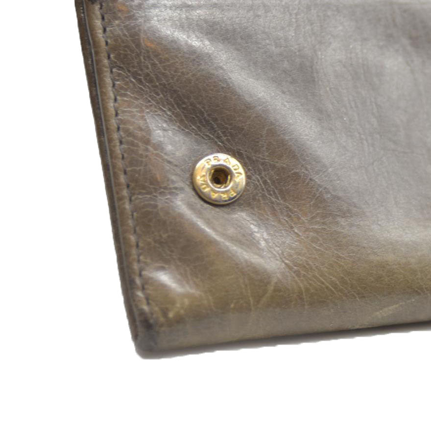 PRADA $625 Triangle Logo Leather Long Bifold Wallet Khaki/7BH0146