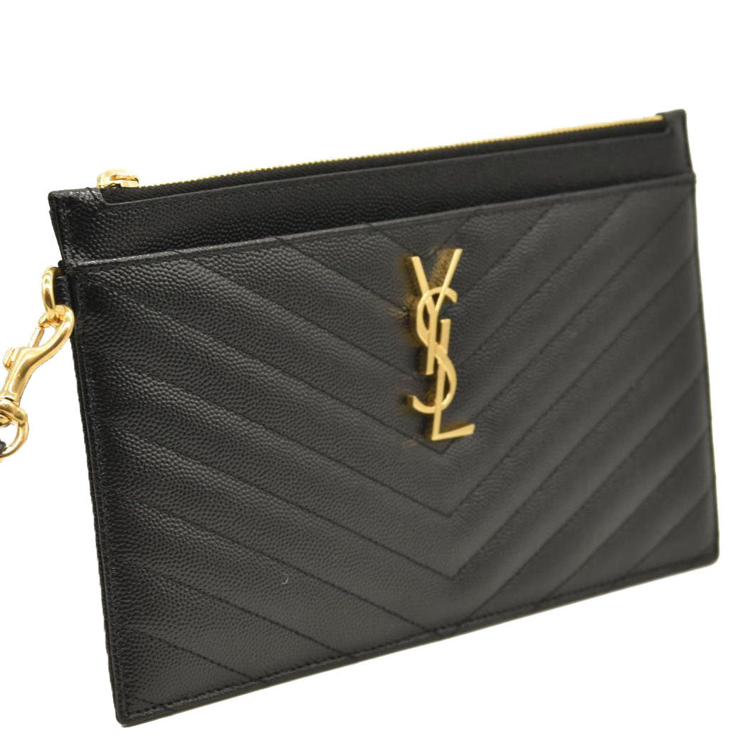 SAINT LAURENT Grain De Poudre Chevron Monogram Large Bill Pouch Black