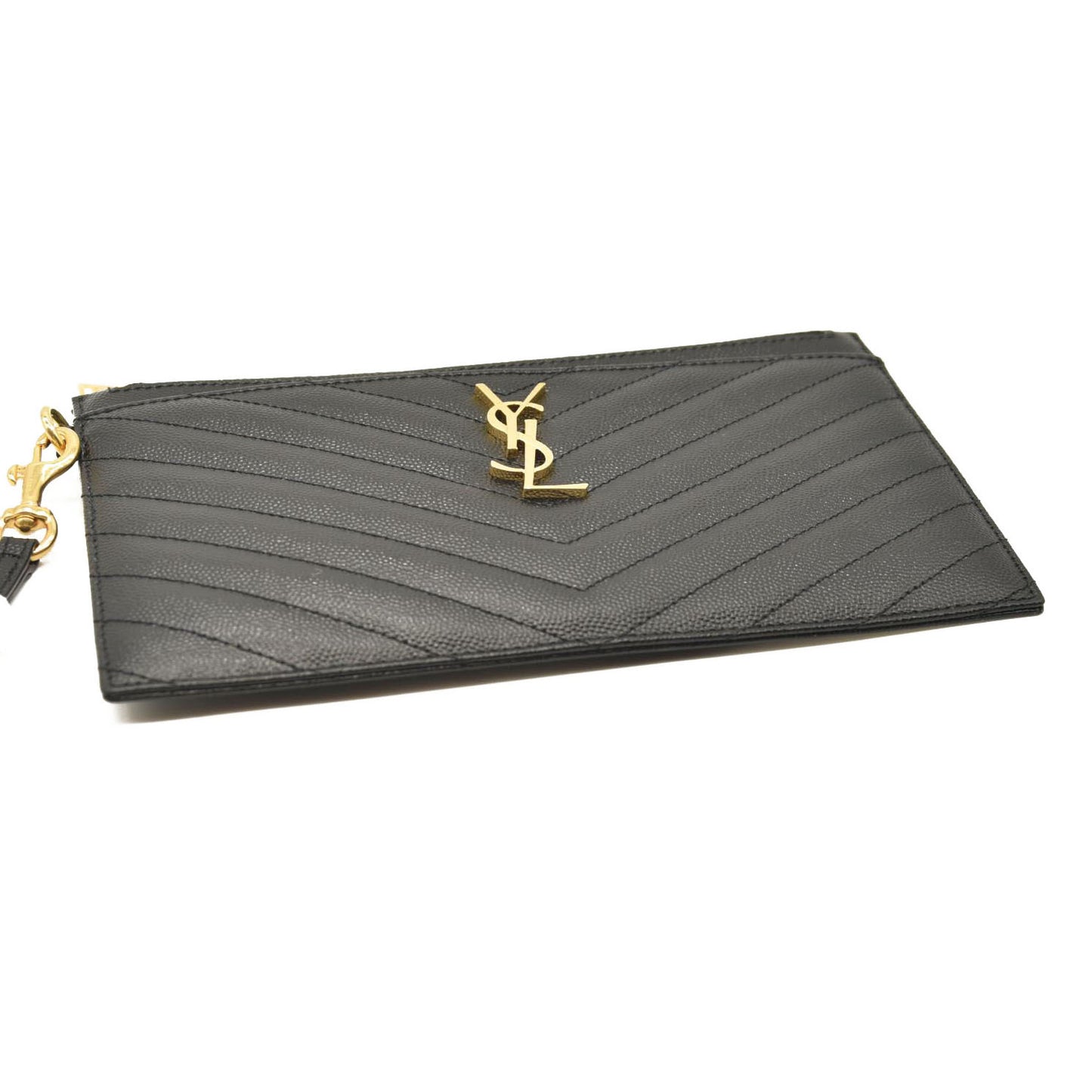 SAINT LAURENT Grain De Poudre Chevron Monogram Large Bill Pouch Black