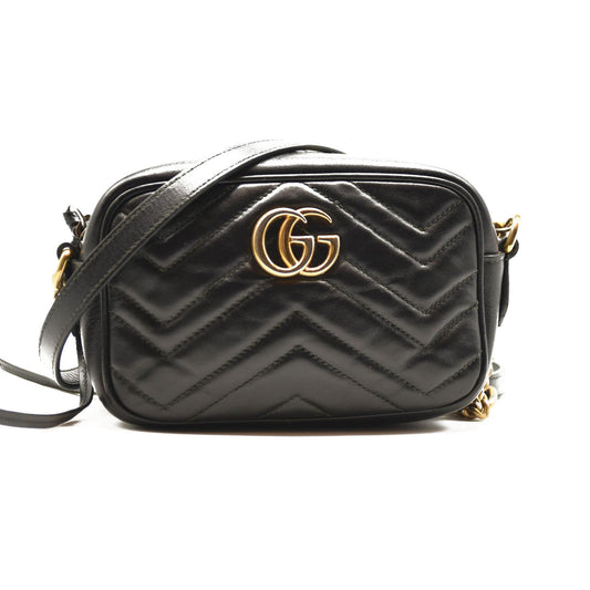 GUCCI Calfskin Matelasse Mini GG Marmont Chain Shoulder Bag Black
