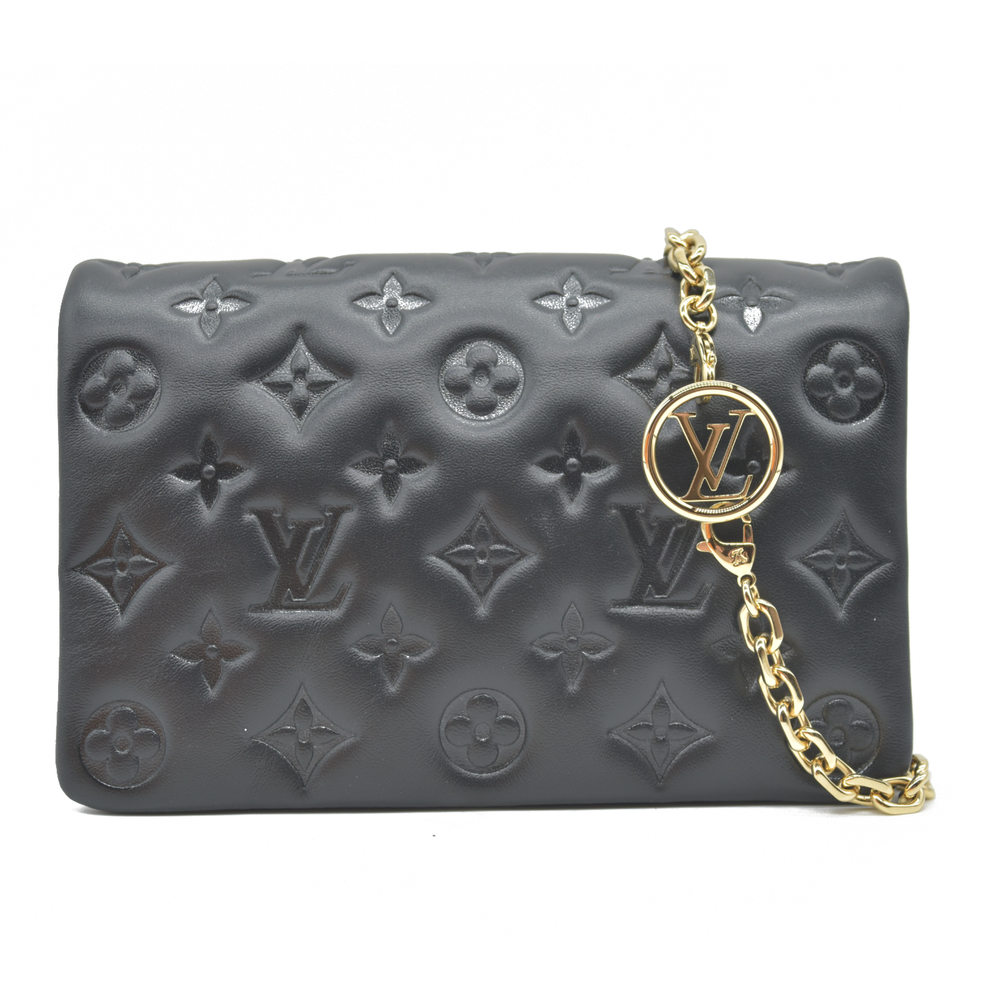 $3150 Louis Vuitton  Lambskin Embossed Monogram Pochette Coussin Black RFID