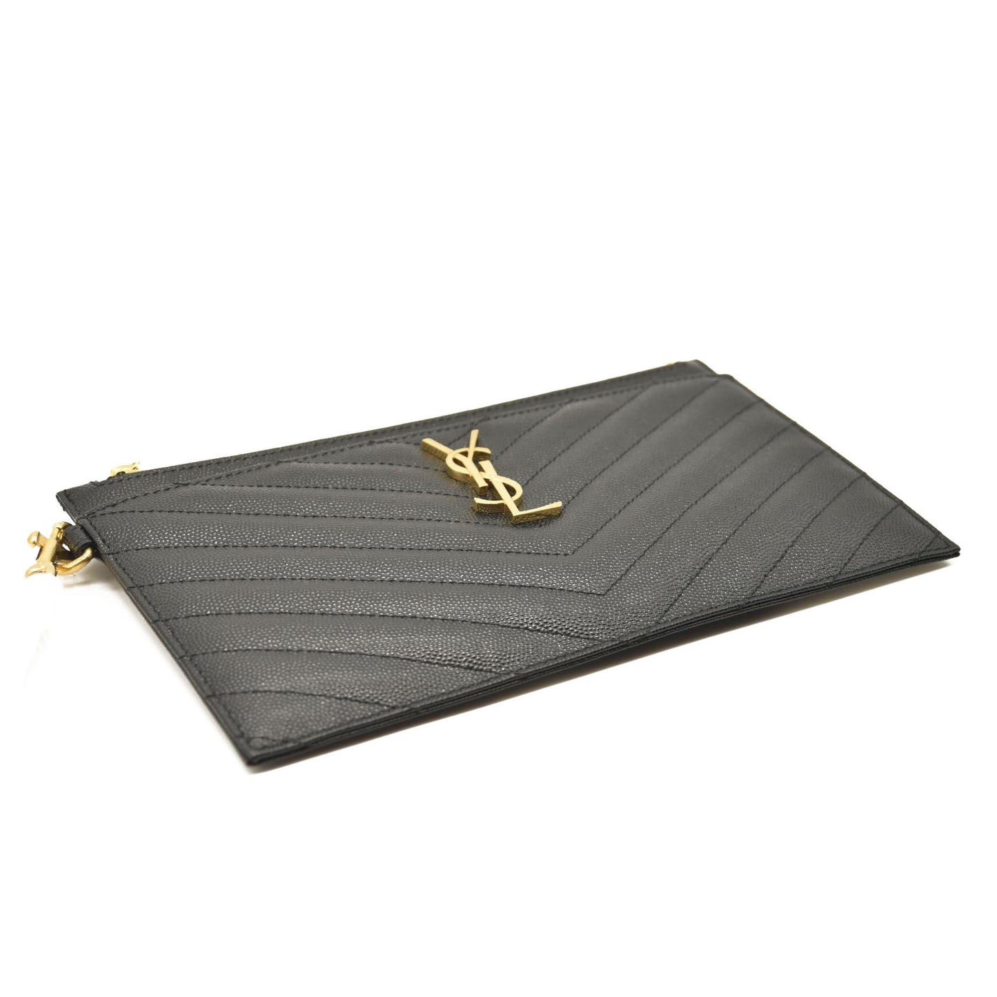 SAINT LAURENT Grain De Poudre Chevron Monogram Large Bill Pouch Black