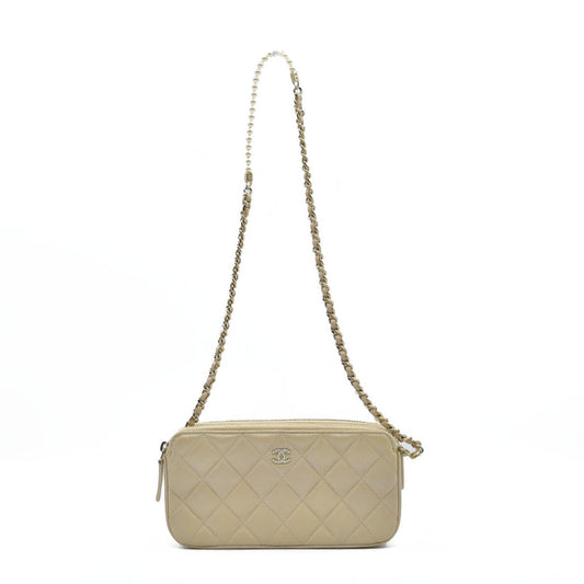 $4950 Chanel  Canvas Small Deauville Clutch Beige With Pearl Chain