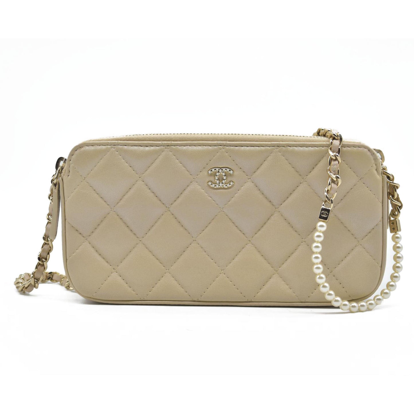 $4950 Chanel  Canvas Small Deauville Clutch Beige With Pearl Chain