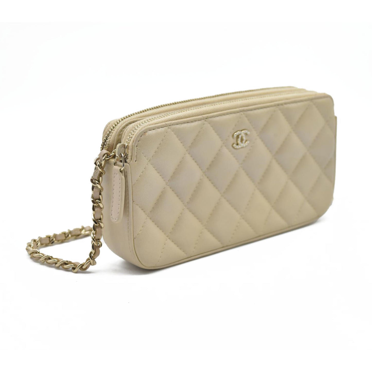 $4950 Chanel  Canvas Small Deauville Clutch Beige With Pearl Chain
