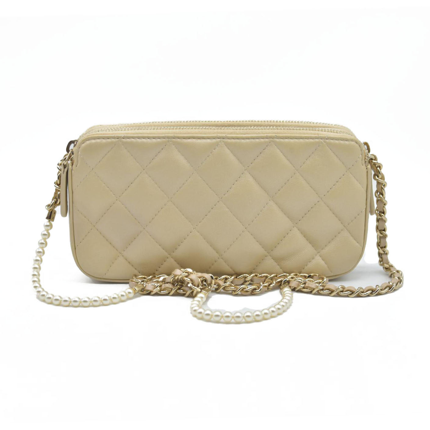 $4950 Chanel  Canvas Small Deauville Clutch Beige With Pearl Chain