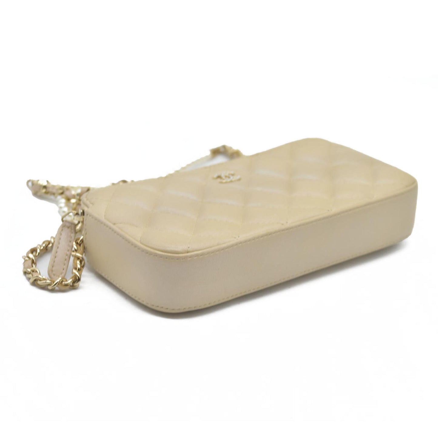 $4950 Chanel  Canvas Small Deauville Clutch Beige With Pearl Chain