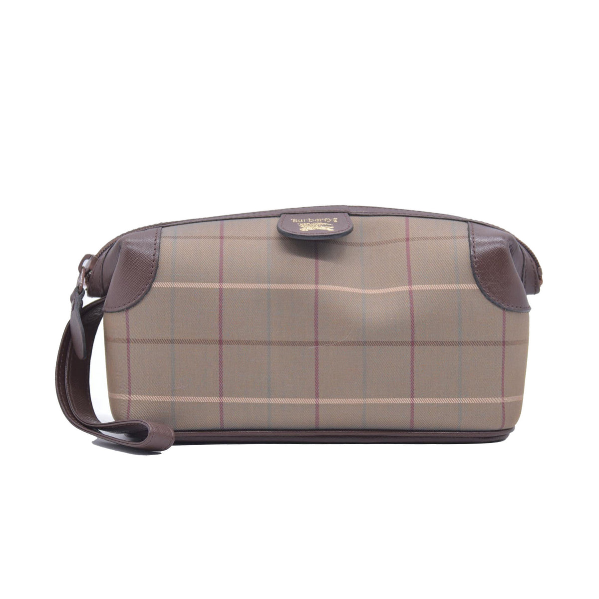 $650 BURBERRYS Coated Canvas Nova Check Wristlet Pouch Dark Brown CONSIGNMENT 10021185