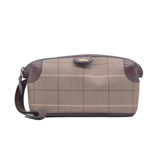 $650 BURBERRYS Coated Canvas Nova Check Wristlet Pouch Dark Brown CONSIGNMENT 10021185