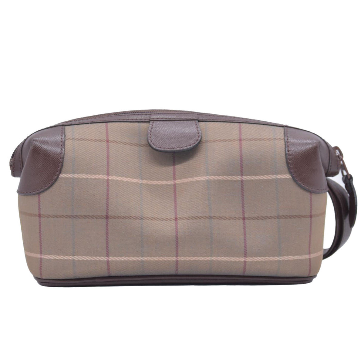 $650 BURBERRYS Coated Canvas Nova Check Wristlet Pouch Dark Brown CONSIGNMENT 10021185