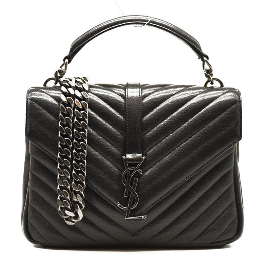 SAINT LAURENT Sheepskin Matelasse Chevron Monogram Medium College Bag Black