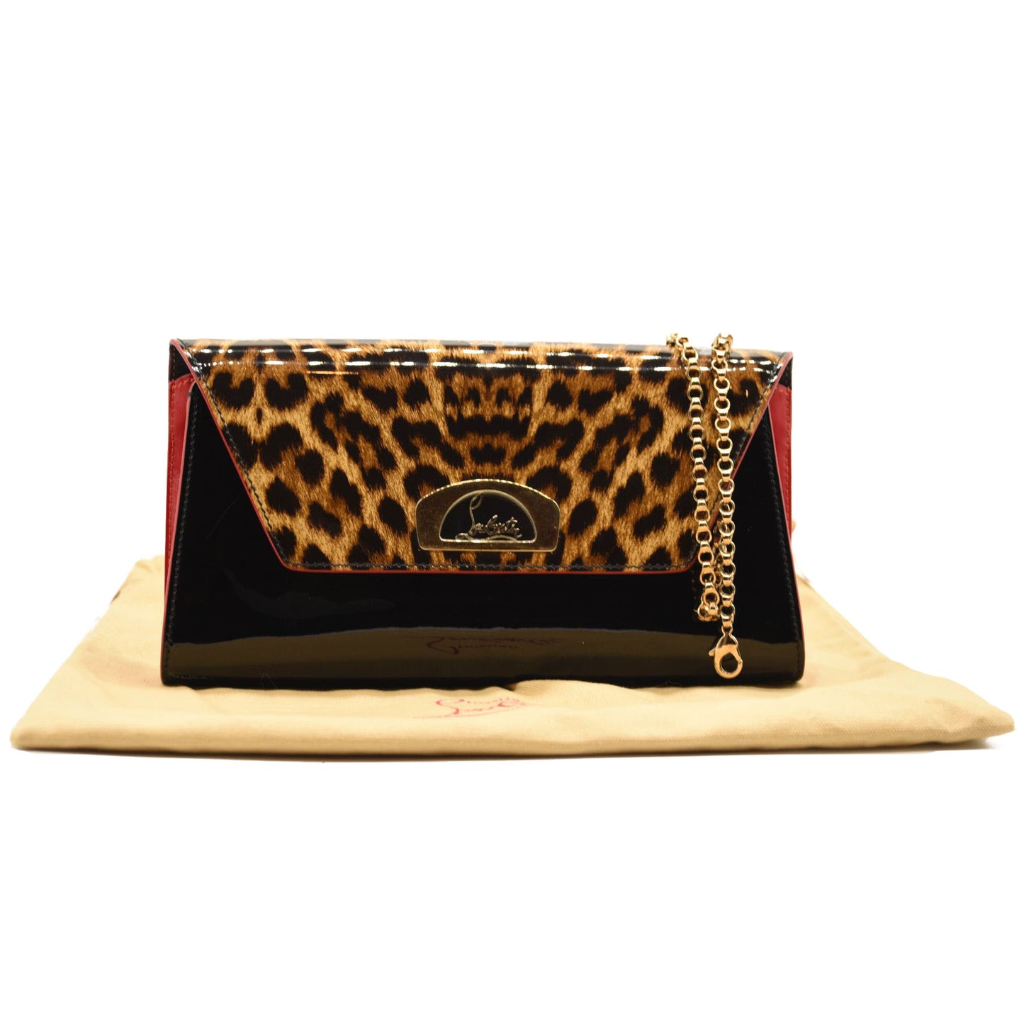 CHRISTIAN LOUBOUTIN Patent Leopard Vero Dodat Clutch Black