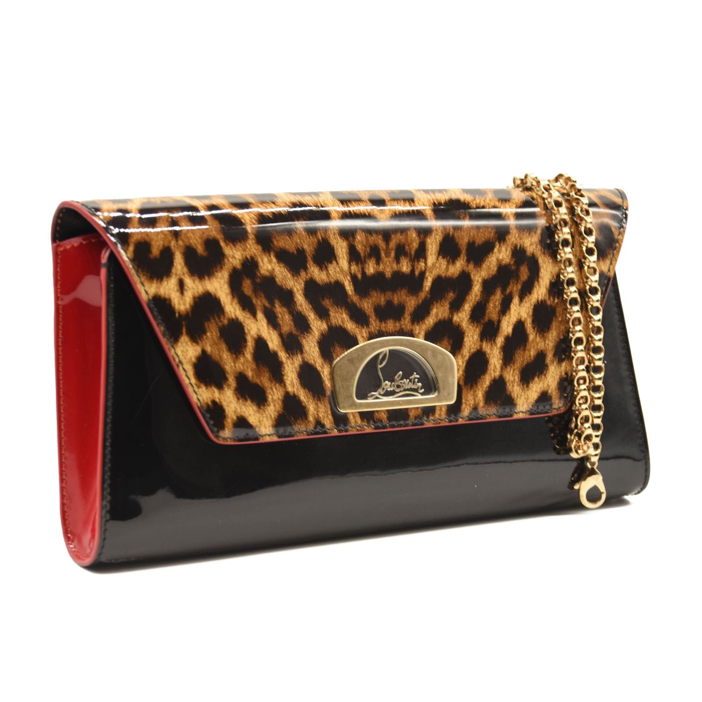 CHRISTIAN LOUBOUTIN Patent Leopard Vero Dodat Clutch Black