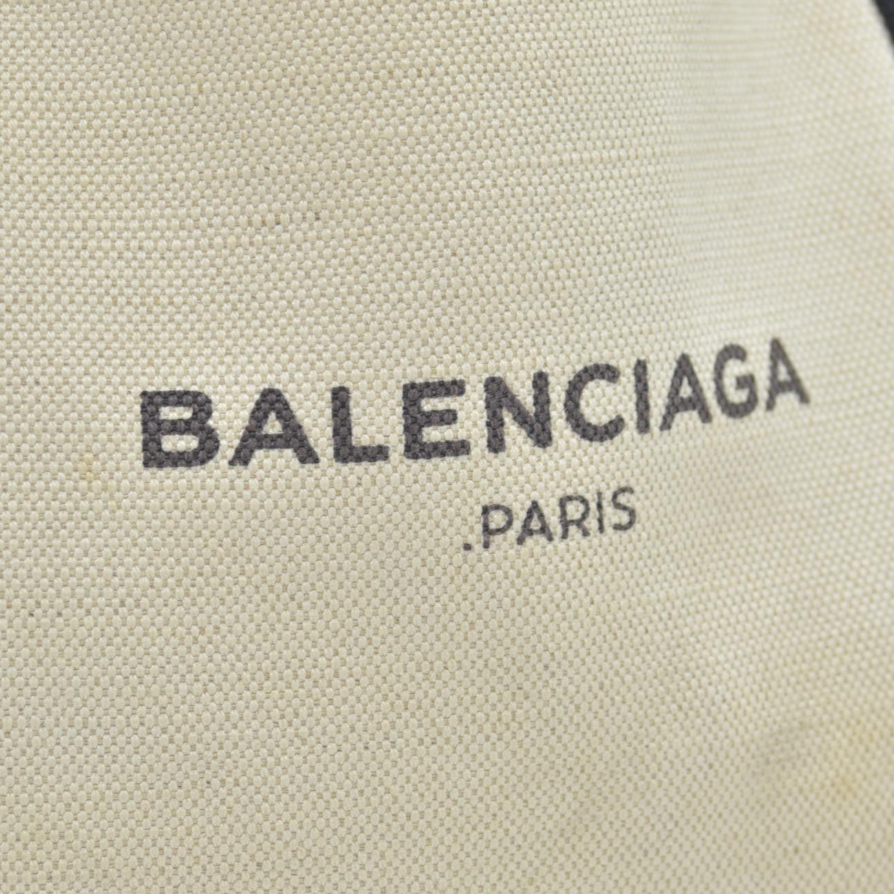 $995 Balenciaga Cotton Canvas Satin Calfskin S Navy Cabas Natural Black