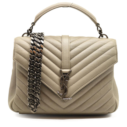 SAINT LAURENT Sheepskin Matelasse Chevron Monogram Medium College Bag Beige