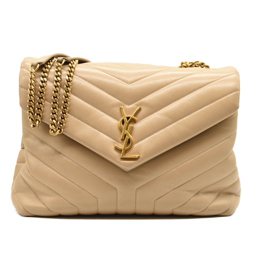 SAINT LAURENT Calfskin Y Quilted Monogram Medium Loulou Chain Satchel Nude Powder