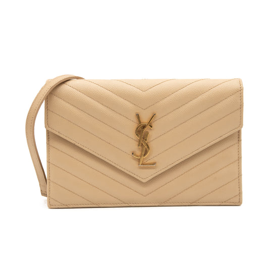 SAINT LAURENT Grain De Poudre Matelasse Chevron Monogram Envelope Chain Wallet Beige