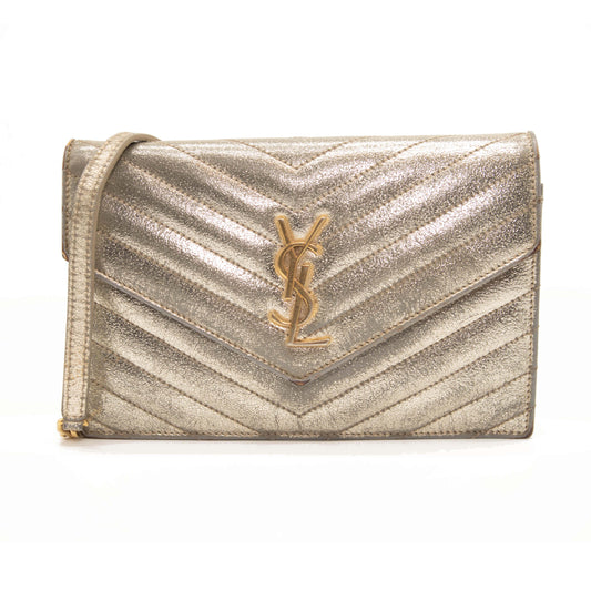 Saint Laurent Grain De Poudre Matelasse Chevron Monogram Envelope Chain Wallet Gold