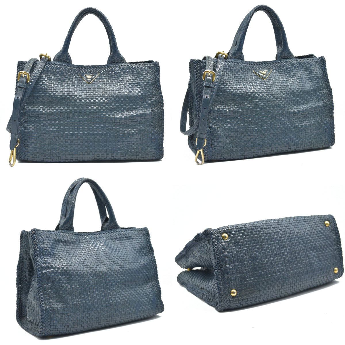 AUCTION $3900 Prada  Goatskin Woven Shopping Tote Blue Leather