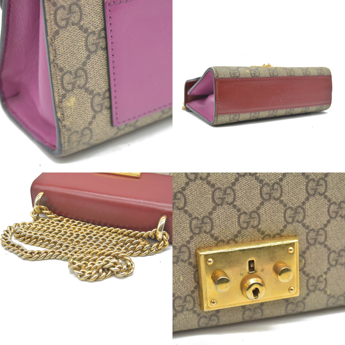 AUCTION $1960 USED GUCCI GG Supreme Monogram Calfskin Small Padlock Shoulder Bag Beige Hibiscus Red New Rosette