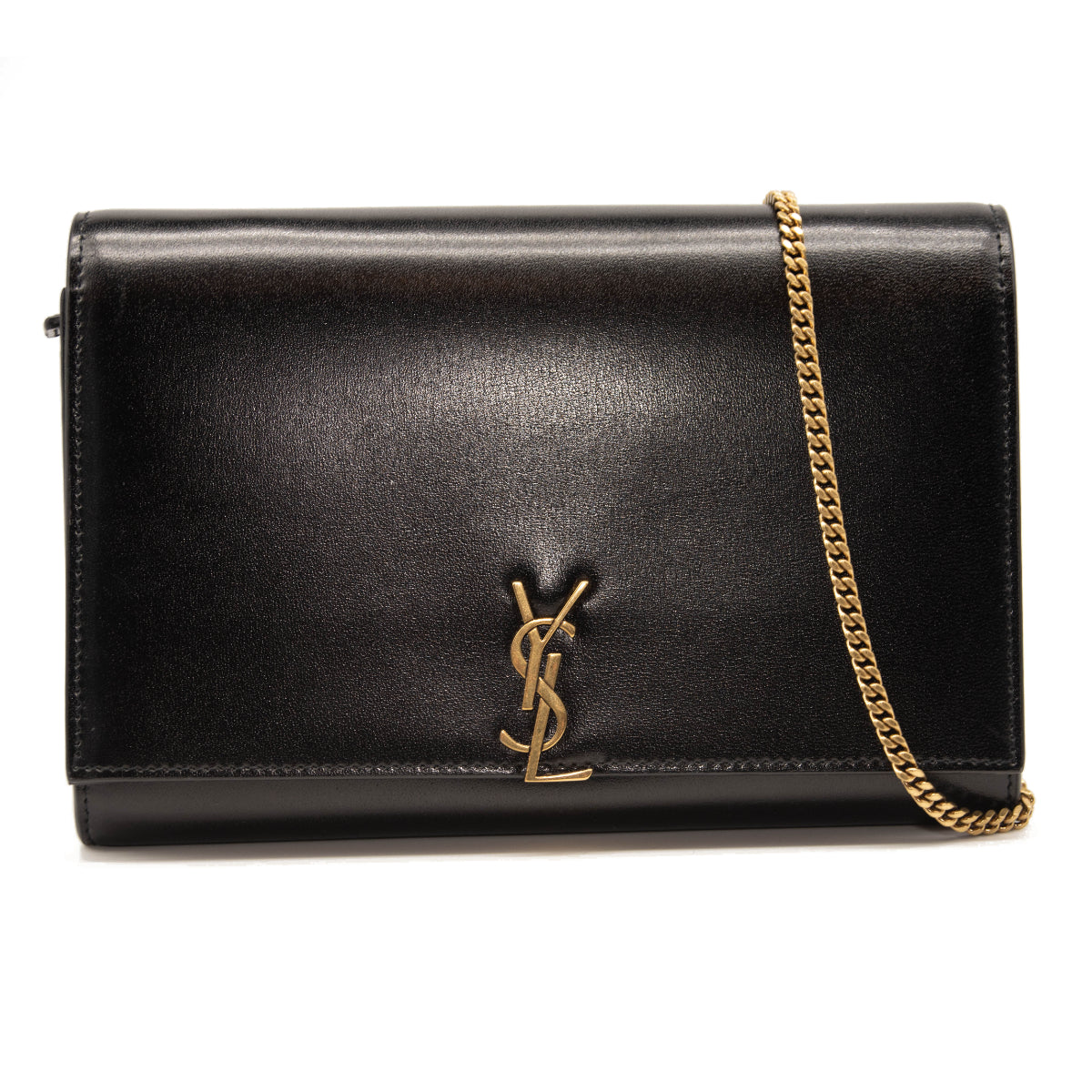 NEW Saint Laurent Le Monogram YSL Glossy Wallet on Crossbody Chain Black Gold