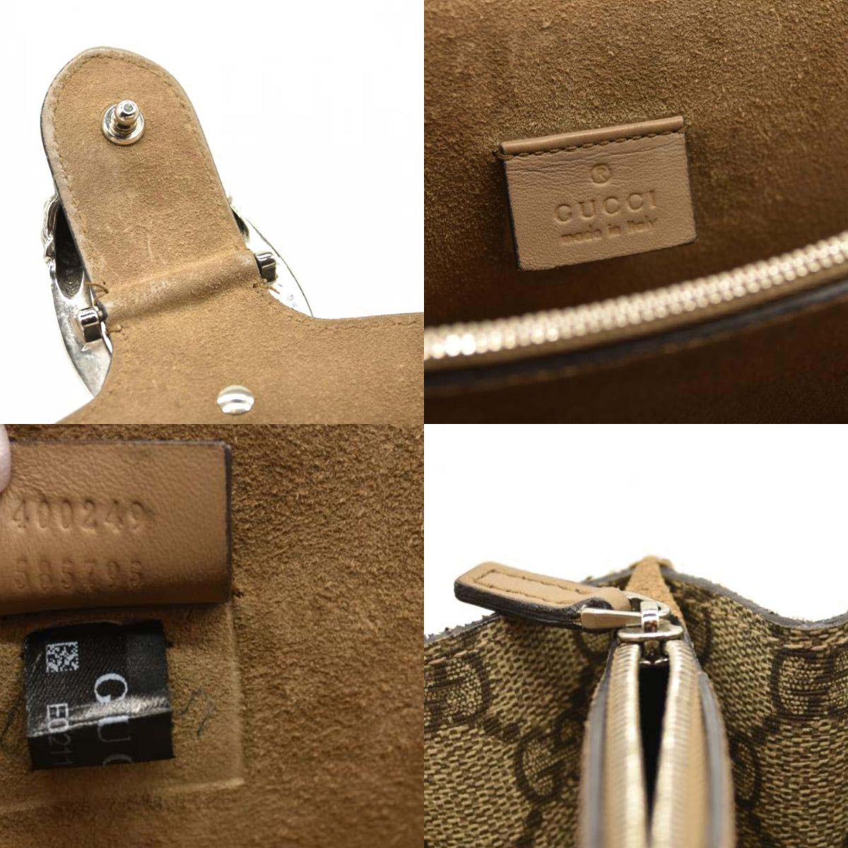 GUCCI GG Supreme Monogram Suede Small Dionysus Shoulder Bag Beige Ebony Taupe