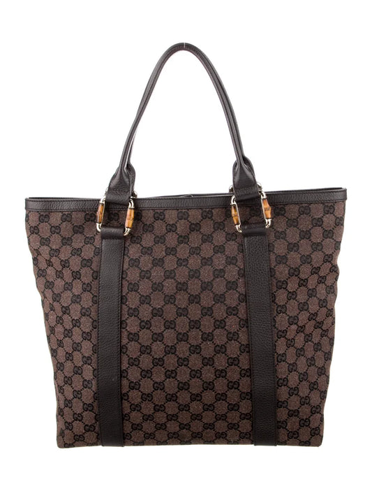 $1450 GUCCI GG Canvas Bamboo Ring Handle Tote Bag Brown CONSIGNMENT