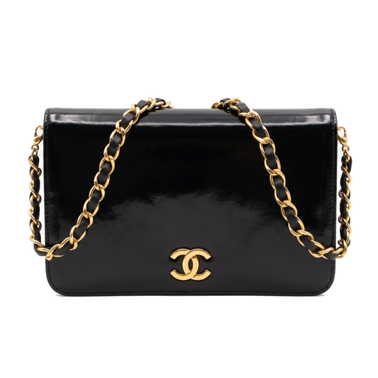 $3250 1986 Chanel Black Patent Leather Vintage Flap Bag CC