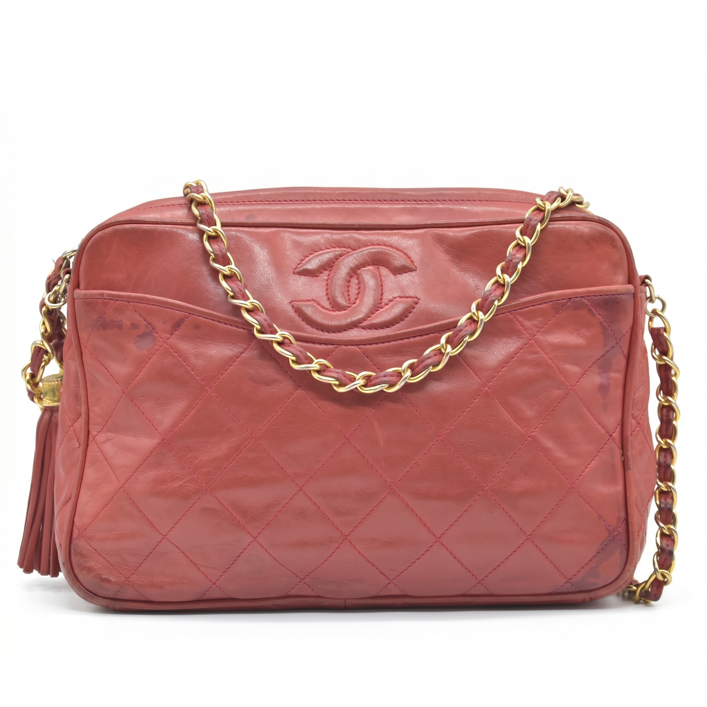 $3850 1986-1988 Chanel Red Lambskin Tassel CC Fringe Camera Bag