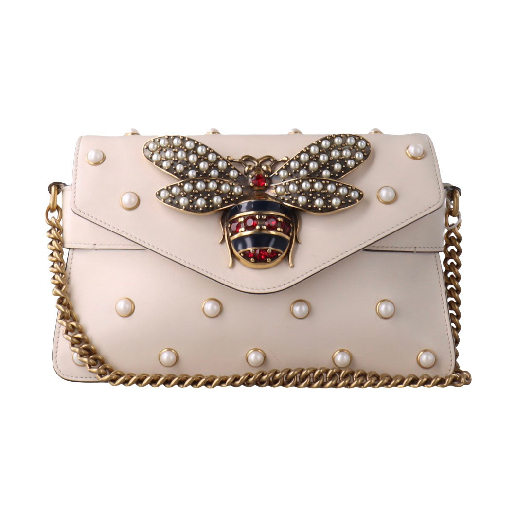 PRE-ORDER  Gucci  Nappa Pearl Studded Mini Queen Margaret Broadway Shoulder Bag Mystic White