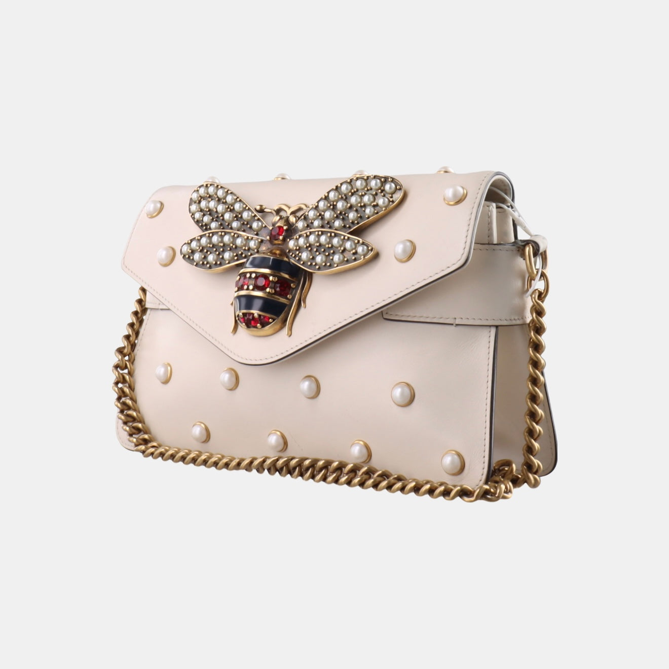 PRE-ORDER  Gucci  Nappa Pearl Studded Mini Queen Margaret Broadway Shoulder Bag Mystic White