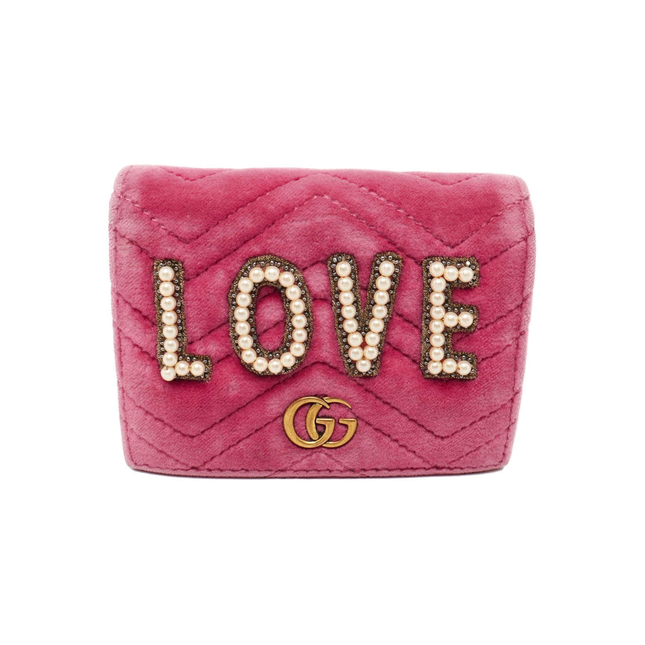 Gucci Velvet Matelasse Pearl Love Embroidered GG Marmont Card Case Wallet Light Raspberry Rose