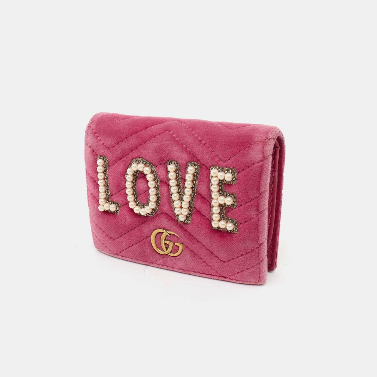 Gucci Velvet Matelasse Pearl Love Embroidered GG Marmont Card Case Wallet Light Raspberry Rose