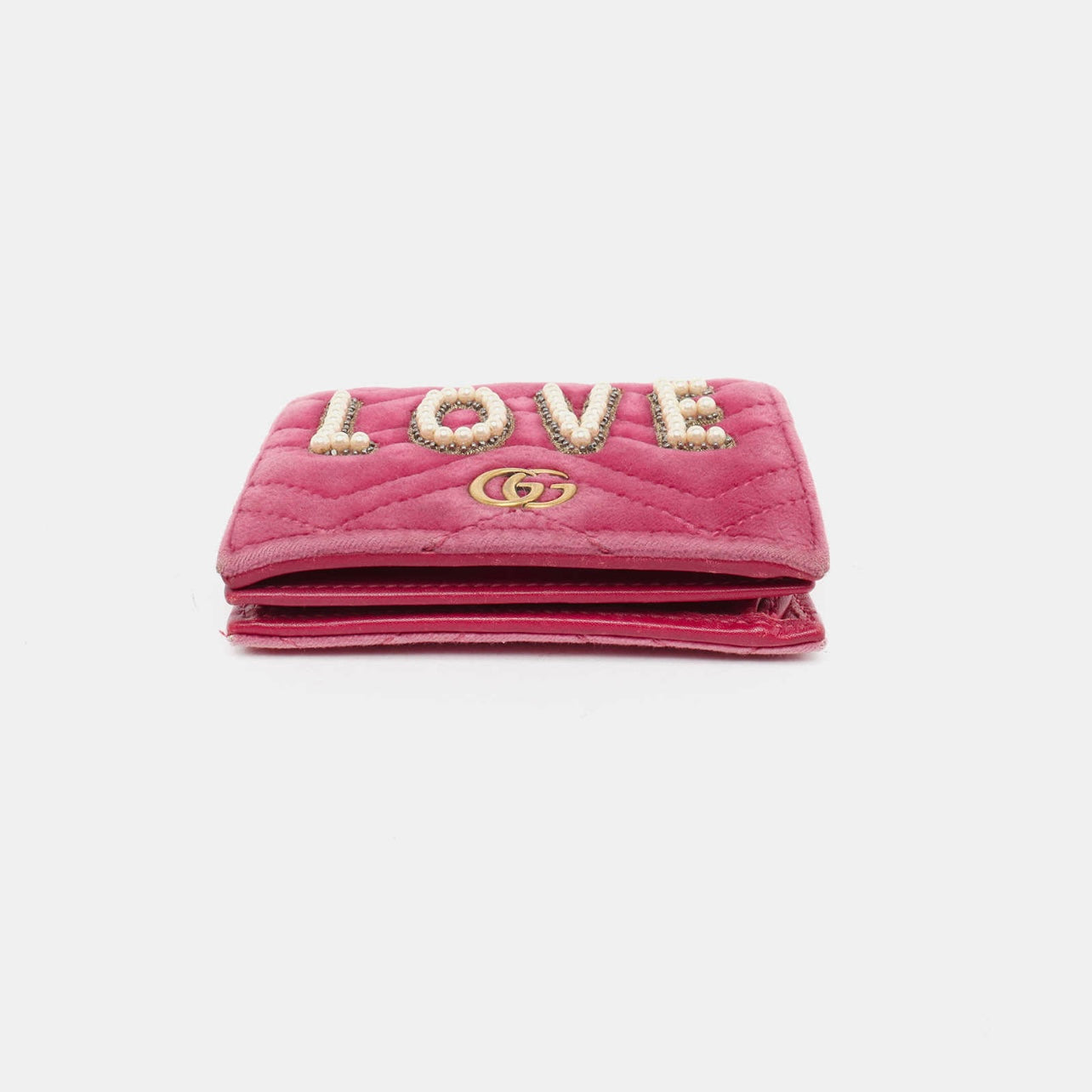 Gucci Velvet Matelasse Pearl Love Embroidered GG Marmont Card Case Wallet Light Raspberry Rose