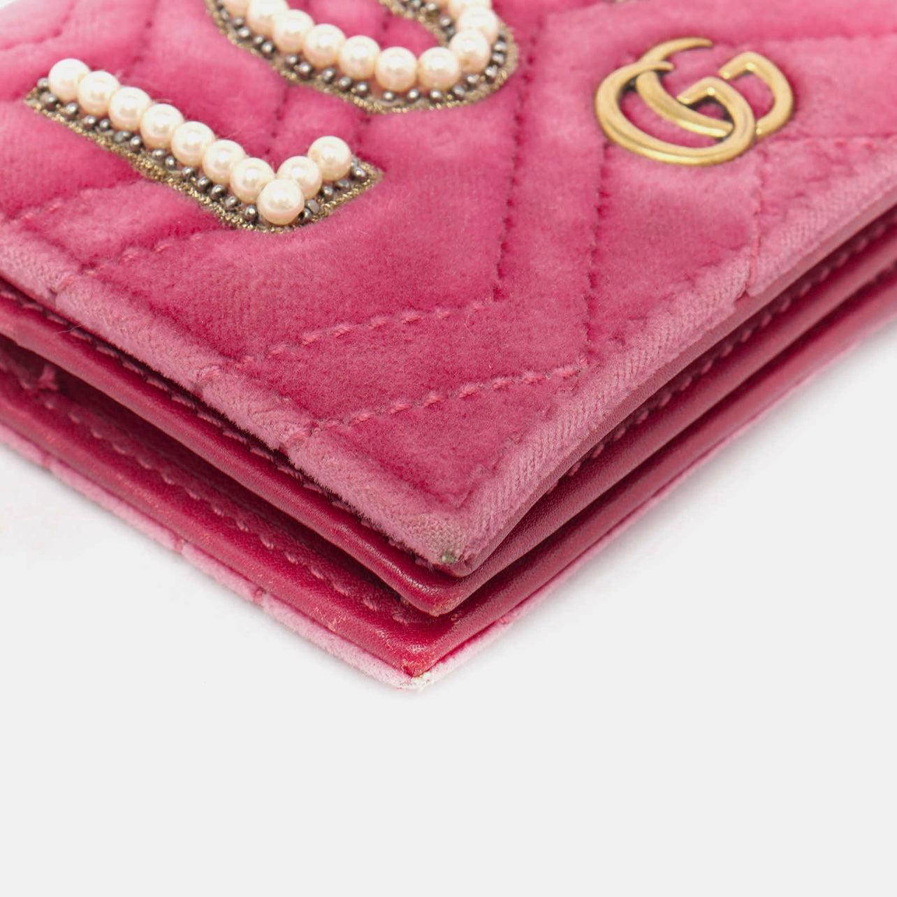 Gucci Velvet Matelasse Pearl Love Embroidered GG Marmont Card Case Wallet Light Raspberry Rose