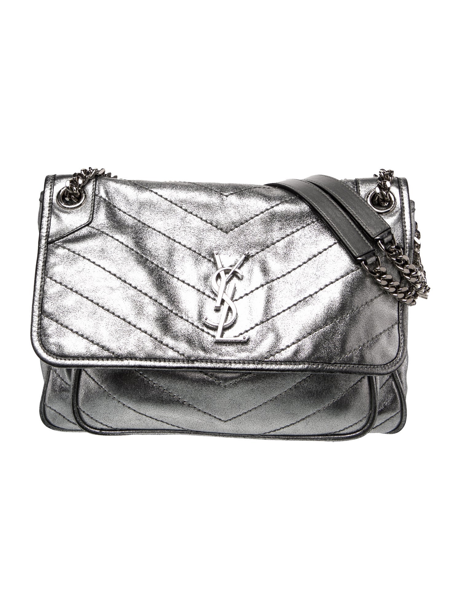 $2590 2019 Saint Laurent Leather Medium Metallic Niki Silver