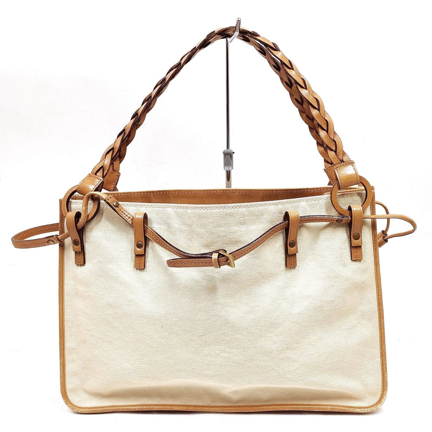 $1490 GUCCI Canvas Braided Handle Large Tote Beige