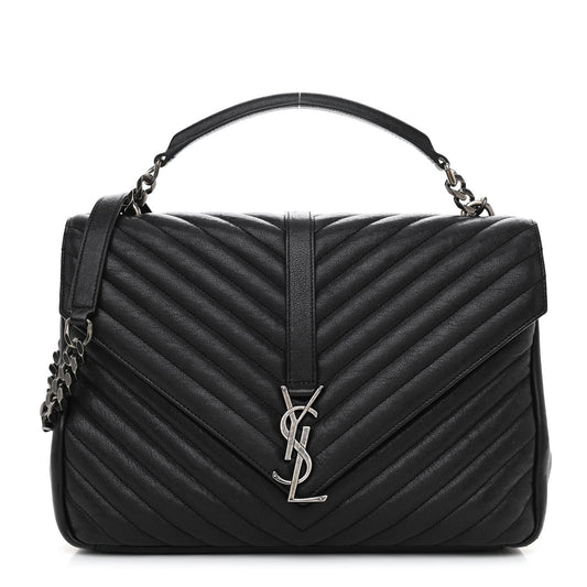 SAINT LAURENT Sheepskin Matelasse Chevron Monogram Large College Satchel Black