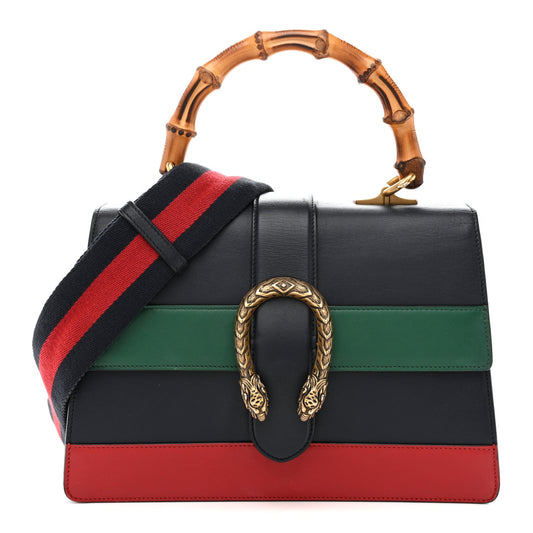 $3500 CONSIGNMENT GUCCI Moon Calfskin Web Medium Dionysus Bamboo Top Handle Bag Blue Emerald Hibiscus Red