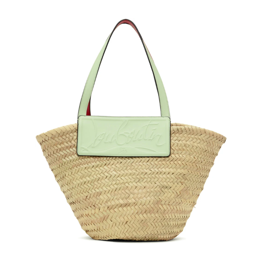NEW CHRISTIAN LOUBOUTIN Woven Straw Loubishore Tote Studio Green