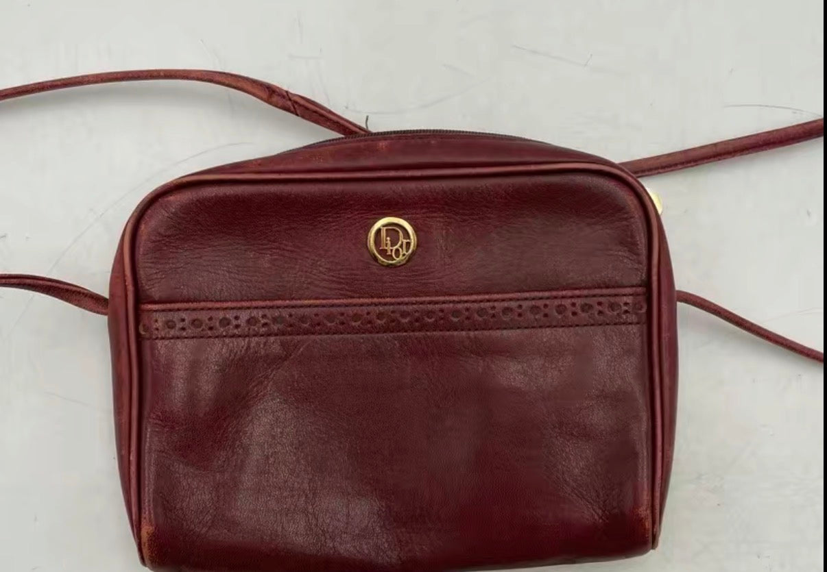 $1250 Christian Dior Vintage Smooth Leather Brogue Round Logo Camera Bag Burgundy CONSIGNMENT