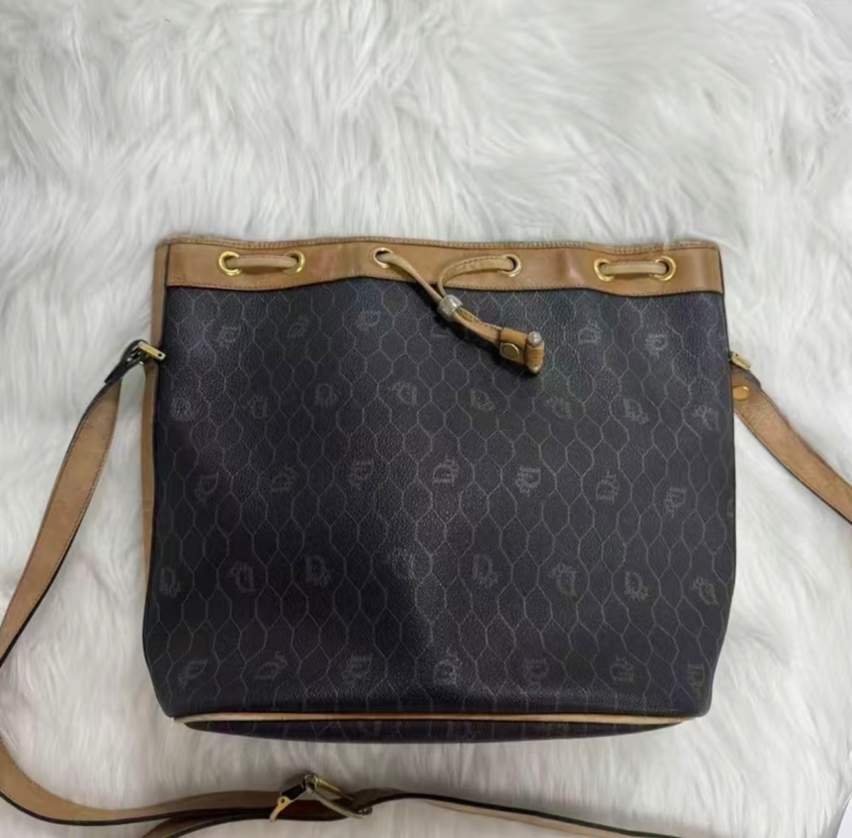 $1150 Christian Dior Vintage Coated Canvas Honeycomb Bucket Bag Tan Brown CONSIGNMENT